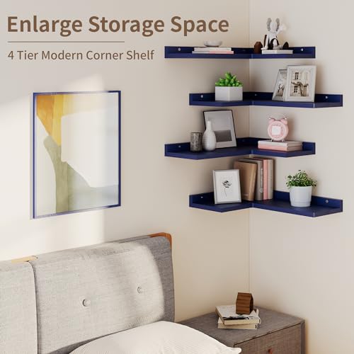 4 Tier Floating Shelves - Navy Blue Set of 4, Rustic Pine Wooden L Shaped Corner Wall Shelf for Wall Decor Storage, Bedroom, Living Room, Bathroom, Kitchen - Image 6