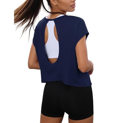 Totatuit Womens Open Back Workout Tops Oversized Crop Gym Shirts Loose Fit Short Sleeve Athletic Tee for Running Yoga