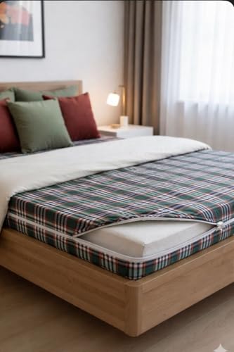 Image of Fairy Down Cotton 300 TC Mattress Cover /Protector with Zip /Chain for Dewan Size Bed Color: Green Check | Size: 72 * 42 * 5 Inches (6 * 4 Feet)