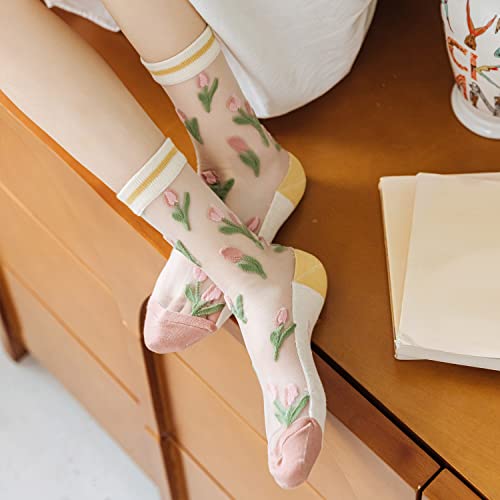 zrylibya Womens Sheer Socks Transparent Thin Mesh Lace Elastic Crew Socks See Through Jacquard Crystal Nylon Socks3