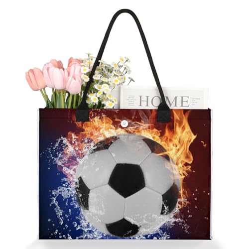 Soccer Ball Fire Water Tote Bag for Women Large Beach Bag Reusable Tote Bags for Work Travel Beach Shopping3