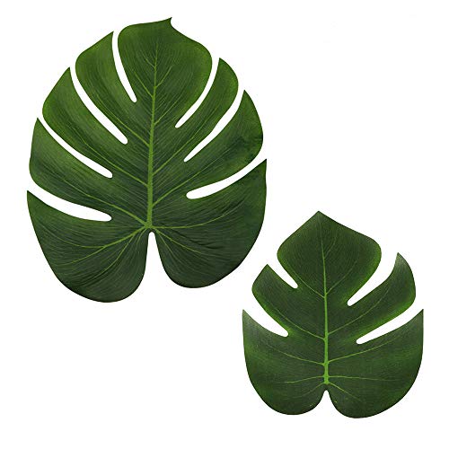 LJDJ Tropical Leaves Palm - Set of 36 - Artificial Silk Fabric Monstera Decoration Leaf 2 Different Sizes - Hawaiian Luau Jungle Beach Theme Party Supplies Table Decor Accessories