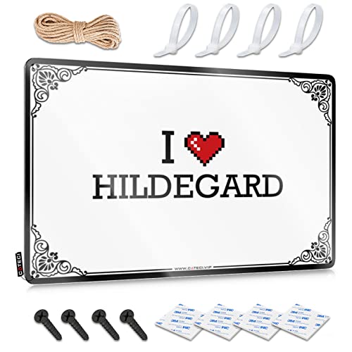 Letrero de estaño divertido con texto en inglés "I Love Hildegard" (20 x 30 cm)