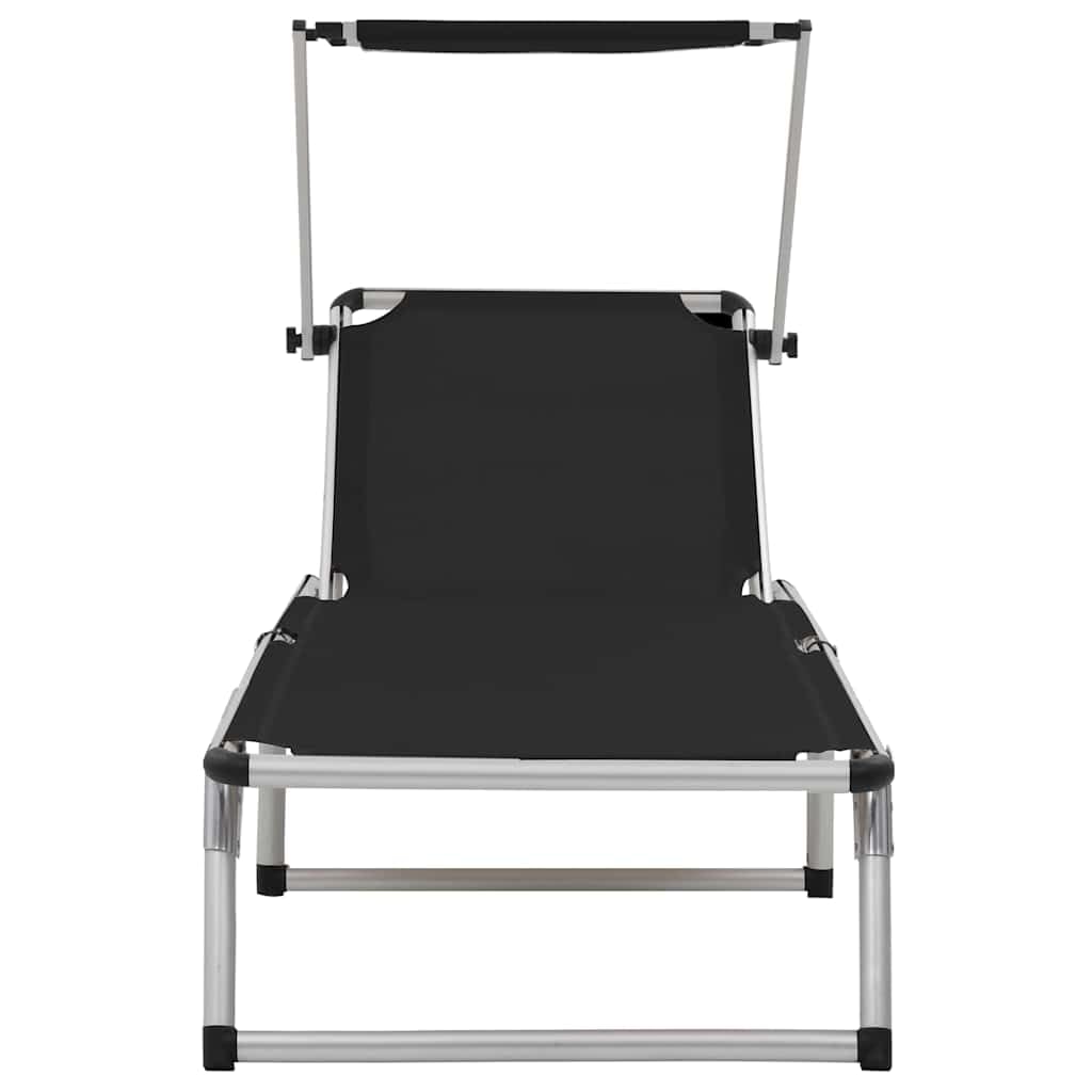 Klappbare Sonnenliegen mit Dach 2er Set aus Aluminium Textilene Schwarz verstellbar für Garten Balkon Terrasse Pool Strand Outdoor Camping