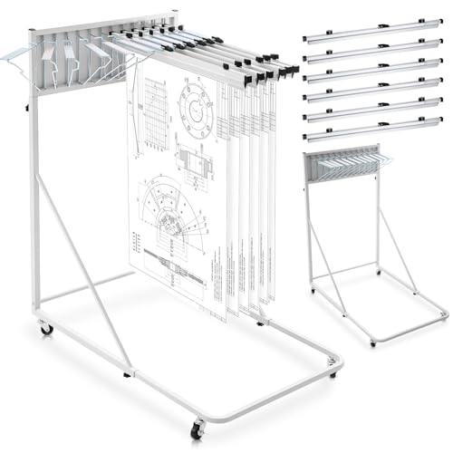 Estune Mobile Blueprint Holder Rack, Adjustable Mobile Blueprint Holder with 6 30 In Hanging Clamps 4 Wheels Poster Display Rack Storage Organizer Stand for File Display Plan Office Home(Silver)