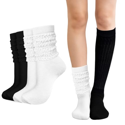 LOHO WONDERZ 4 Pairs Slouch Socks for Women, Adjustable Scrunch Sock Knee High Crew Long Socks Boot Size 5-11 (2 White + 2 Black)
