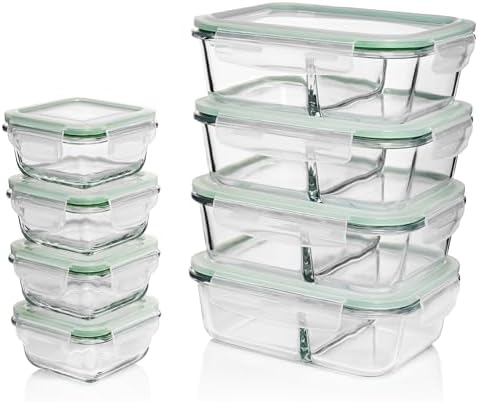 Divided Glass Meal Prep Containers with Lids [8 pack, 33 oz 4.5 oz] 2 Compartment Glass Bento Boxes for Adults