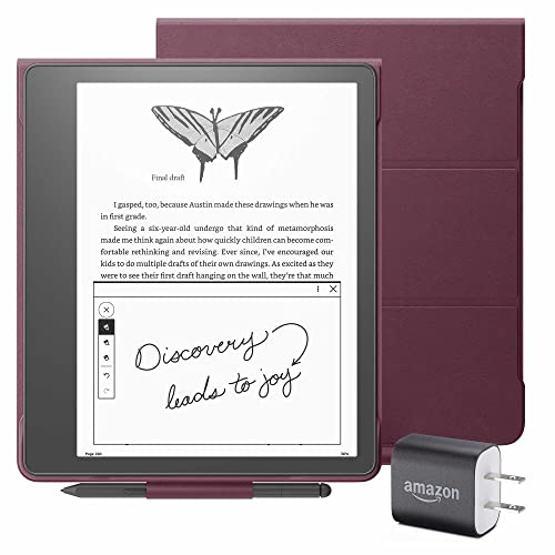 Kindle Scribe Essentials Bundle including Kindle Scribe (16 GB), Premium Pen, Leather Cover - Burgundy, and Power Adapter