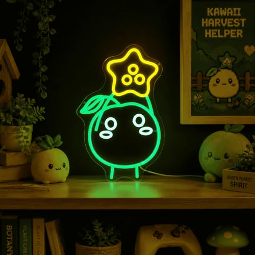 Image of Green Forest Spirit LED Neon Sign 15.7 inchx10 inch - Cute Star-Headed Character Wall Decor, USB Powered Night Light for Gamer Room, Bedroom, Farmhouse Aesthetic - Kawaii Harvest Helper Lamp
