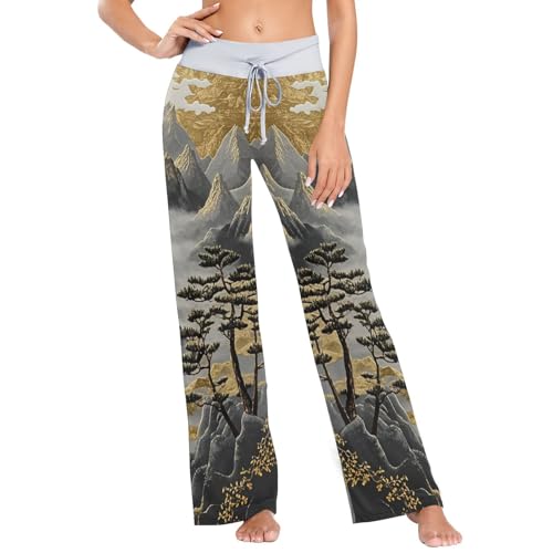 Pantalon de pyjama noir et doré paysage chinois pour femme pour retrouver un sommeil doux et relaxant