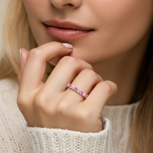 14k White or Yellow Gold Lab Grown Pink Sapphire and Diamond Nine-Stone Half Eternity Ring, 1.70 Carat, September Birthstone, Anniversary Wedding Band, Birthday Gift for Women w/ Jewelry Box, Sz 4-102