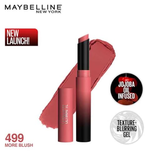 Image of Maybelline New York Lipstick, Matte Finish, Bold Colour, Enriched With Jojoba Oil, Color Sensational Ultimattes, 499 More Blush, 1.7 g (Pack of 2)
