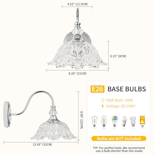 Image of 1 Piece Chrome Wall Sconce with Floral Clear Glass Shade, Modern Wall Mount Lighting for Bathroom,Modern Bathroom Vanity Light Fixture