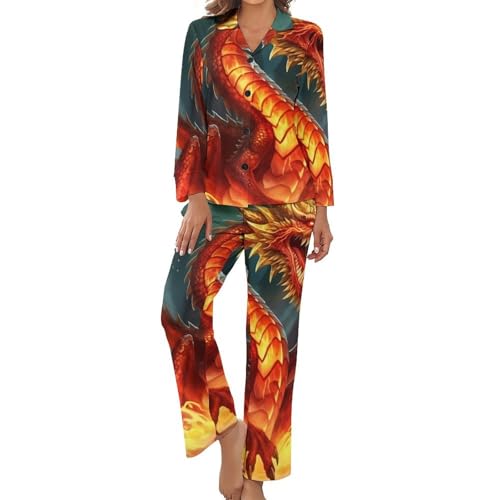 Conjunto de pijama para mujer, diseño de Rey Dragón en Fuego, 2 piezas, ropa de dormir de manga larga para otoño