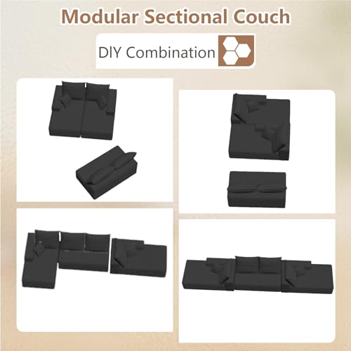 Image of 134.2 inch Modular Sectional Sofa, Modern Corduroy Cloud Couch with Deep Seat, Boneless Couch Upholstered 4-Seater U-Shaped Sofa for Living Room, No Assembly Required (Black)