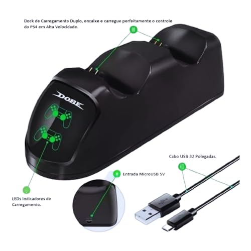 Base de Carregador Dock Duplo USB com Indicador Led Para Controle Dualshock Ps4 / Ps4 Slim / Ps4 Pro