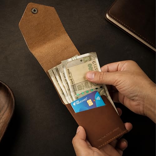 Image of The Wallet Store Flip 2.0 Genuine Leather Vertical Slim Wallet for Men | Easy Quick Card Access | Compact Front Cash Pocket & Button Lock | Minimalist Travel & Daily Carry Wallet (TAN)