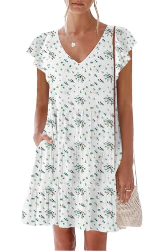 Image of nclook Womens Summer Casual Dresses Sweet Cute V Neck Mini Dress with Pockets Ruffle Short Sleeve