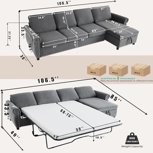 Image of ERYE L-Shaped Reversible Sectional Sofa with Pull Out Queen Memory Mattress Sleeper Bed, 2-in-1 L-Shaped Corner Sectional Couches W /Wireless Charging, Storage Chaise Lounge