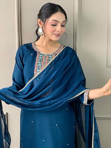 Image of Shiv Textiles Women's Chanderi Silk Embroidered Kurta Pant Dupatta Set(JDA-Lilly-RAMA-XL)