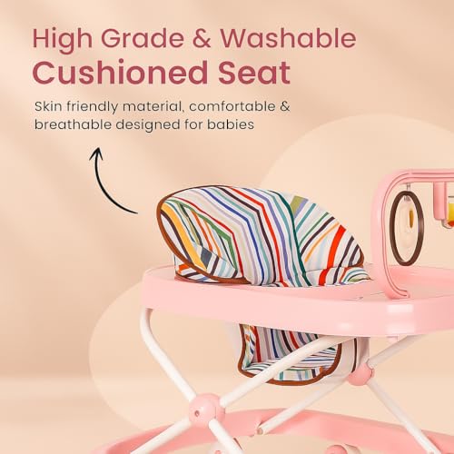 Image of Blushbaby 360 Baby Walker for 6-18 Months | 5-Height Adjustable Activity Walker with Cushioned Seat, Meal Tray & Toy Bar | Foldable & Lightweight Walker for Boys & Girls (Pink)