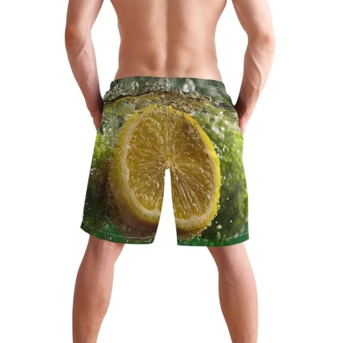 Men's Swim Trunks Lemon Piece Print, Quick Dry Beach Board Shorts with Lining-S2