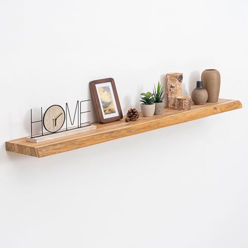 Image of Acovy Extra Deep 48 inch Long Live Edge Rustic Floating Shelves for Wall, Solid Wood Wall Shelves with Invisible Bracket Mount for Living Room Bathroom Bedroom Kitchen, Set of 1, Natural