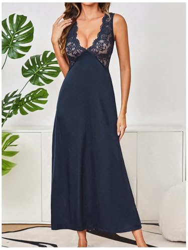 Image of WDIRARA Women's Satin Sleepwear Nightgown | Lace, Backless, Deep V Neck, Sleeveless, Long