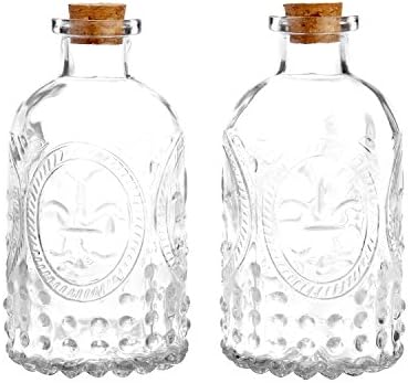 MyGift Vintage Embossed Clear Glass Bottle, Apothecary Style Flower Bud Vase, Essential Oil Diffuser Bottles with Cork Lid, Set of 2