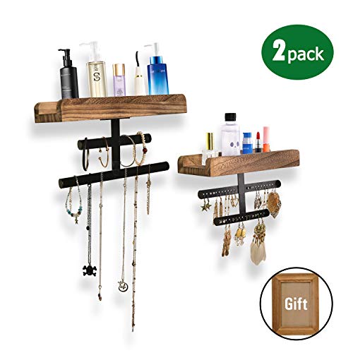Refrze Rustic Hanging Jewelry Organizer,Wall Mounted Jewelry Organizer, Wood Jewelry Holder Display