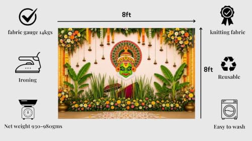 Image of Pooja Decoration Traditional Background Curtain Cloth for Festival | Traditional Kerala Kathakali Mask & Banana Leaf Backdrop Onam Backdrop Cloth 8x8 Feet