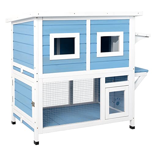 PetsCosset Outdoor Cat House Weatherproof, Two Story Feral Cats Shelter for Outside, Indoor Cat Condo with 2 Escape Doors, Large Balcony GreyWhite Large Balcony