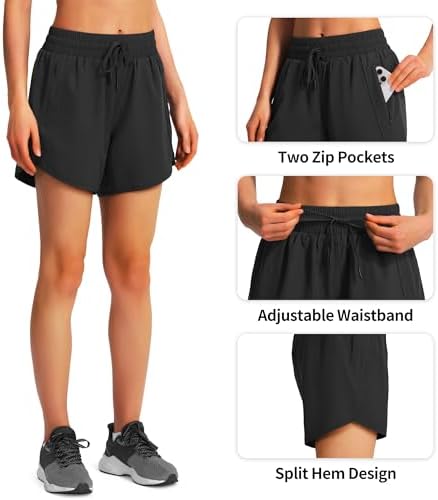 Ksmien Women's 5"/ 7" Athletic Running Shorts Quick Dry Lightweight Workout Gym Shorts with Zipper Pockets UPF 50+ Black L - 5