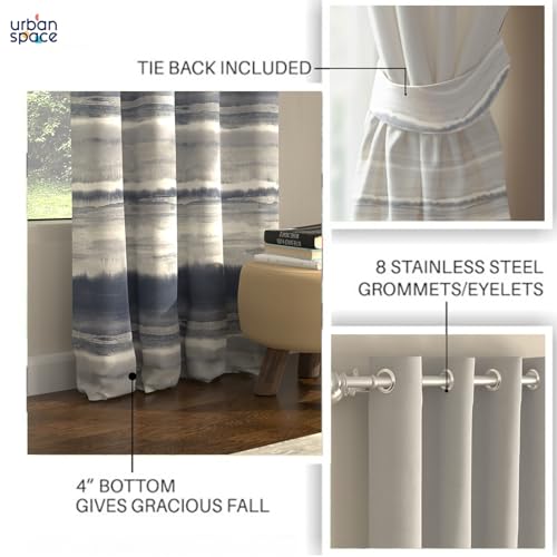 Image of Urban Space Blackout Curtains 5 Feet Set of 2 for Window, 80-85% Light Blocking Curtains for Living Room, Digital Printed Curtains with Eyelets, Tieback Included (Coastal Tides Navy, 5 Feet)