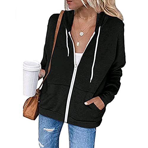 POGTMM Black Hoodie Jacket Light Weight Zip Up Jackets for Women with Zipper Pockets Plus Size Fall Sweaters (Black, XX-Large)
