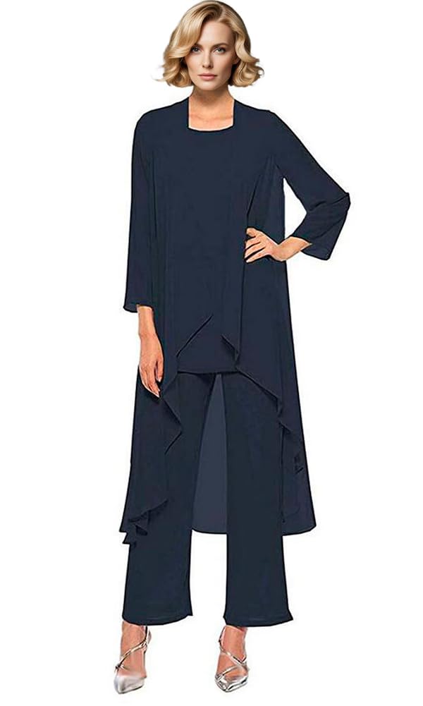 Botong Chiffon Mother of The Bride Pants Suit Set 3 PC Wedding Guest Outfit Groom Mother Outfit Navy 28