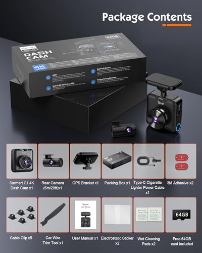 Sarmert C2 4K Dual Dash Cam Front and Rear - Built-in GPS and 5G WiFi, Free 64GB Card Included, 4K UHD Dash Camera for Cars, Night Vision, WDR, Loop Recording, App Control, 24H Parking Mode - Image 7