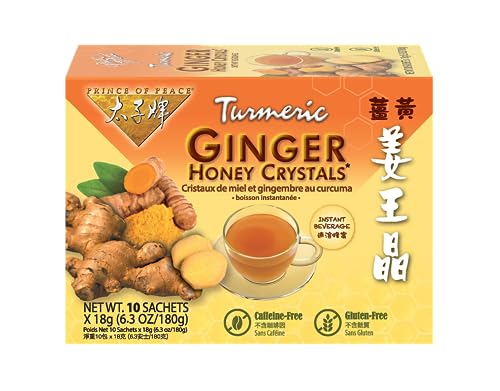 Prince of Peace Instant Ginger Honey Crystals with Turmeric, 10 Sachets – Instant Hot or Cold Beverage that Soothes Throat – Easy to Brew – Drink Like a Tea – Gluten Free – Real Ginger