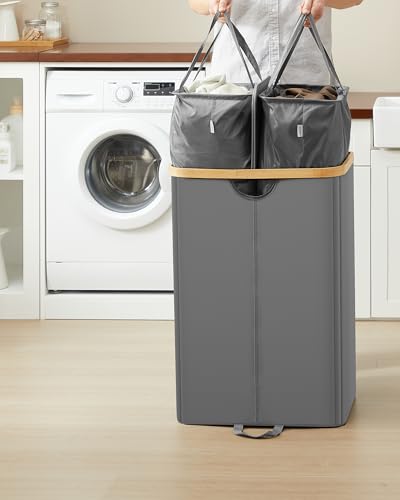 SONGMICS Wäschekorb 2 Fächer, Wäschesammler, 150 Liter, Wäschesortierer mit Deckel, Wäschetonne, Wäschesäcke herausnehmbar, für Waschküche, Schlafzimmer, Wohnzimmer, schiefergrau-naturbeige LCB523G01