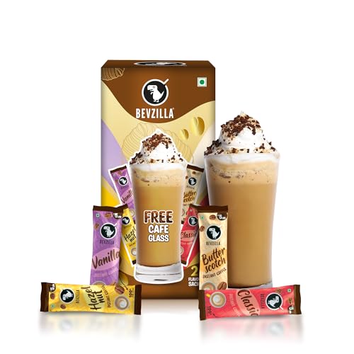 Premium Glass & 25 Flavoured Coffee Sachets/Pouch Box | Butterscotch, Classic, Vanilla & Hazelnut Flavour | Preimum Gift Box| Espresso, Latte,Cappucci