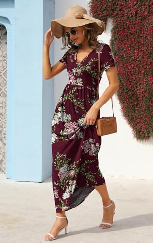 Image of GRECERELLE Womens Summer Long Maxi Dresses 2026 Short Sleeve V Neck Casual Button Dress with Pockets