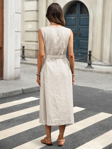 Image of Women's 100% Linen Midi Dress V Neck Sleeveless Tie Waist Side Slit Dresses 2026 Summer Dress with Pocket
