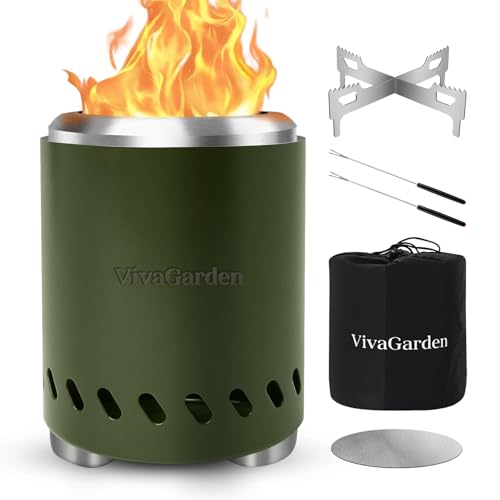Smokeless Tabletop Fire Pit, VivaGarden Portable Outdoor Fire Pit for Camping, Patio, Backyard, Wood and Pellets Burning Camping Stove with Carry Bag, Forks, Mat and Pot Stand (9.7x7.1 Inch, Green)