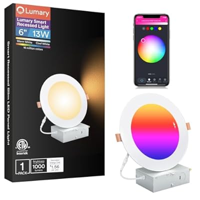 Lumary Smart Recessed Lighting 6 Inch, Color Changing LED Downlight 13W 1000LM, Wi-Fi Bluetooth Soffit Lights with J-Box, Compatible with Alexa/Google Assistant/BT Remote, ETL Listed, 1 Pack