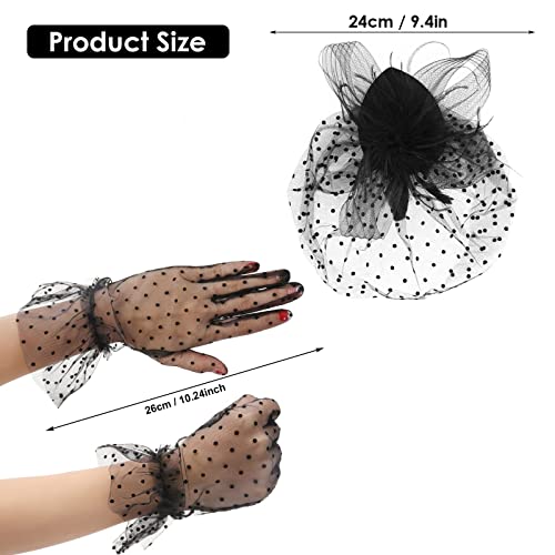 Yolev Fascinator Hat Faux Feather Mesh Veil Hat Short Lace Glove 50S Costume Accessories For Women Wedding (Spotted) Black #TOP1