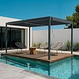 CAZEBOO Pérgola Bioclimática Autoportante Piana 394x304 cm (4x3 m – 12 m²) Aluminio Gris Antracita – Lamas Orientables 0-110° Acero – Resistente Viento 70 km/h – Kit Completo con Manivela y Anclajes
