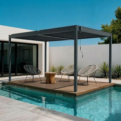 Pergola bioclimatica autoportante alluminio 394 x 304 x 218 cm grigio antracite - Cazeboo PIANA 4x3 m lamelle orientabili 110° struttura resistente vento 70 km/h kit completo terrazza giardino