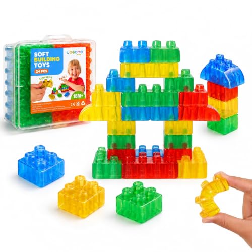 Image of LESONG Sensory Building Toys for Toddlers: 24PCS Squeezable Silicone Stacking Toys - Early Learning Construction Playset for Preschool Manual Skills, Birthday Gifts