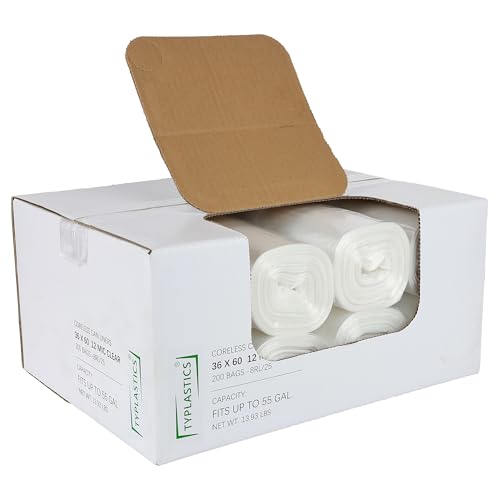 TYPLASTICS 55 Gallon Clear Trash Can Liners - 36 x 60 - High Density Garbage Bags - Case of 200 - Multipurpose for Office Outdoor Recycling Industrial and Commercial