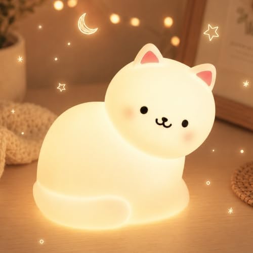 GOODEA Nachtlicht Kinder Katze, 7 RGB Zyklus Farben & Timer Stilllicht | 1200mAh Aufladbar, Ultra Weiches Silikon Touch Katze Nachtlicht Baby Geschenke Für Weihnachtsgeschenke Schl